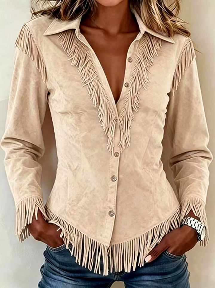 Faye - Women's Faux Suede Fringe Western Shirt