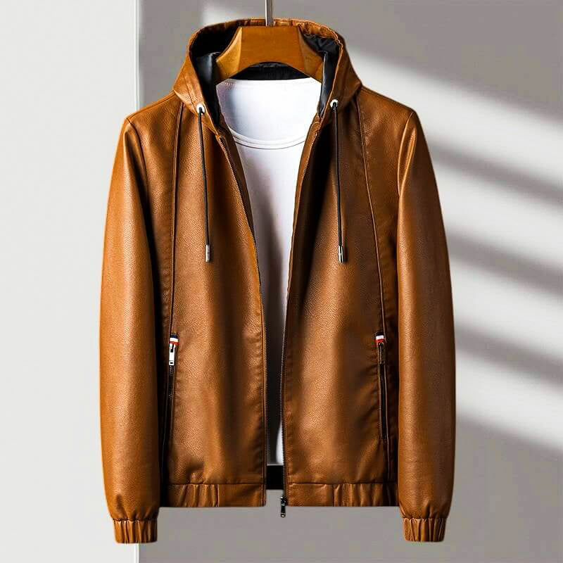 Gael - Men's Hooded Leather Jacket with Zip Pockets