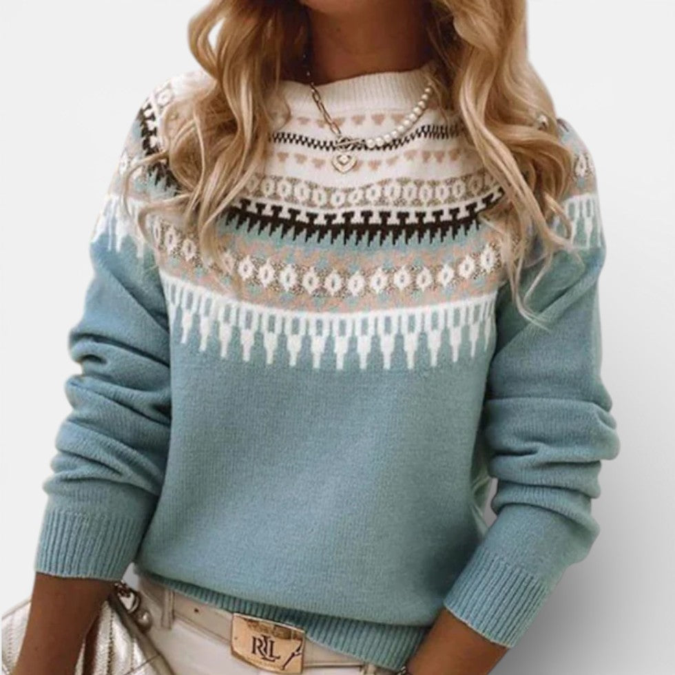 Hazel - Women's Fair Isle Crewneck Sweater with Jacquard Pattern