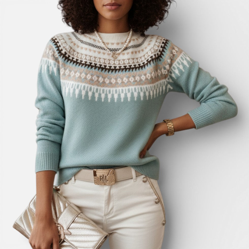 Hazel - Women's Fair Isle Crewneck Sweater with Jacquard Pattern