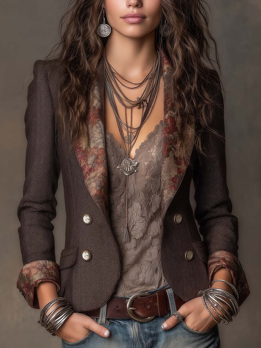 Iris - Women's Herringbone Blazer with Floral Lapel Print