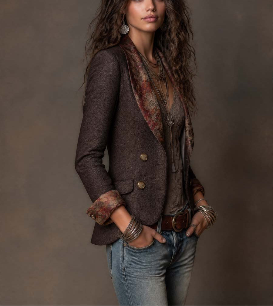 Iris - Women's Herringbone Blazer with Floral Lapel Print