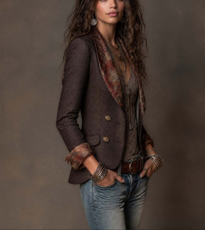 Iris - Women's Herringbone Blazer with Floral Lapel Print
