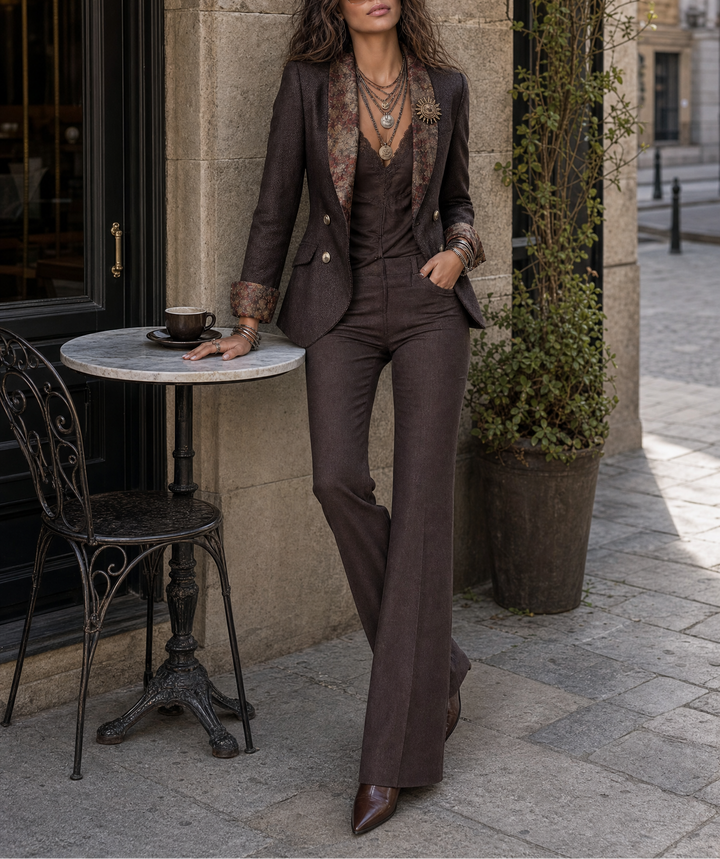 Iris - Women's Herringbone Blazer with Floral Lapel Print
