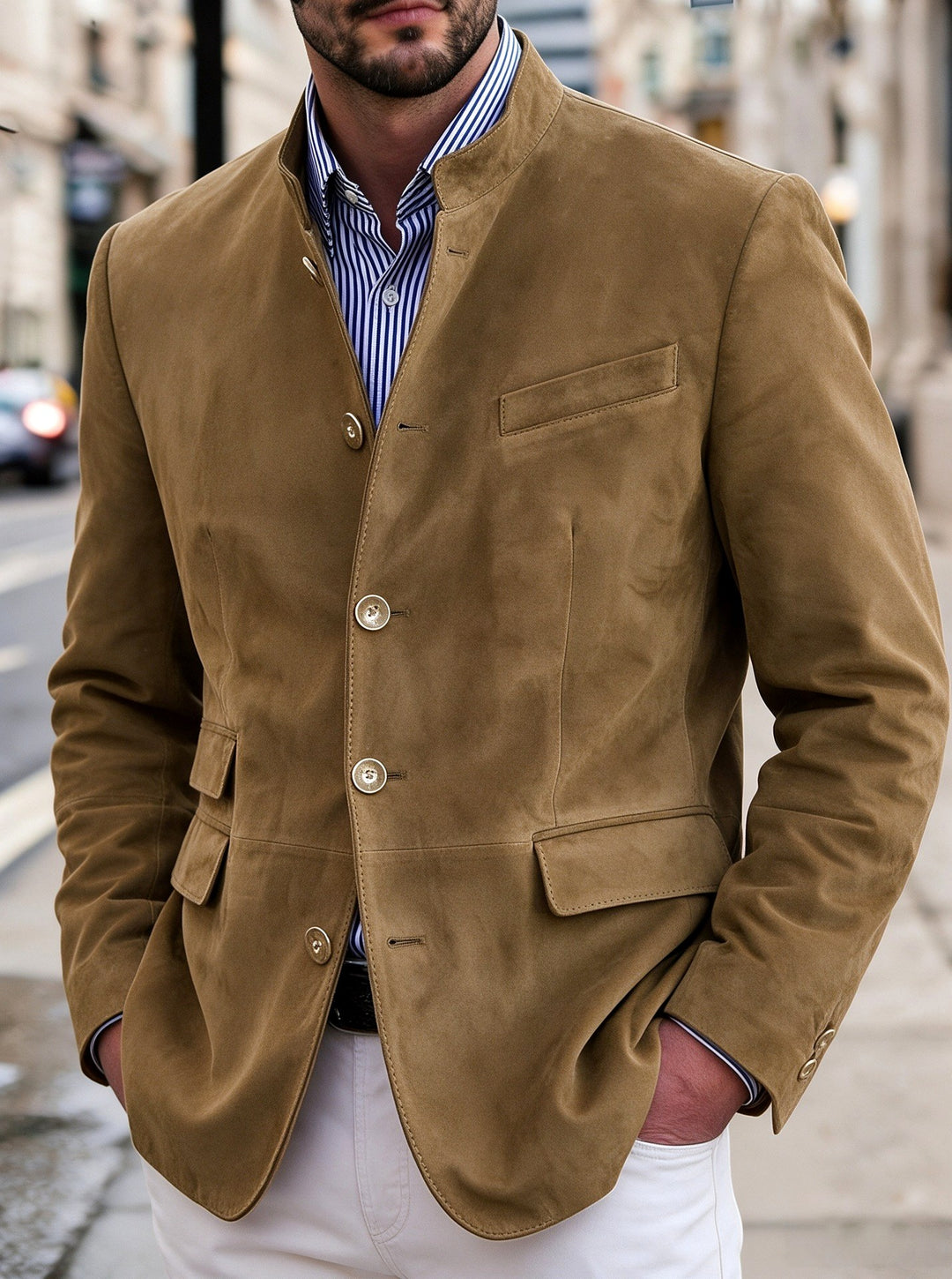 Jameson – Men’s Faux Suede Stand Collar Blazer 4