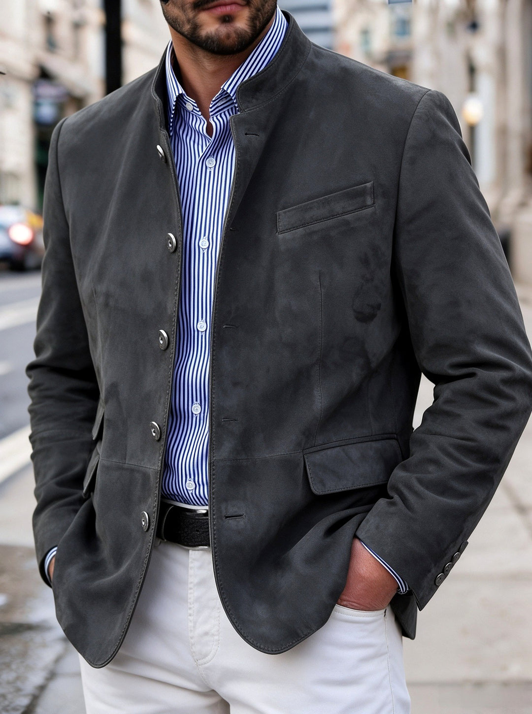 Jameson – Men’s Faux Suede Stand Collar Blazer 5