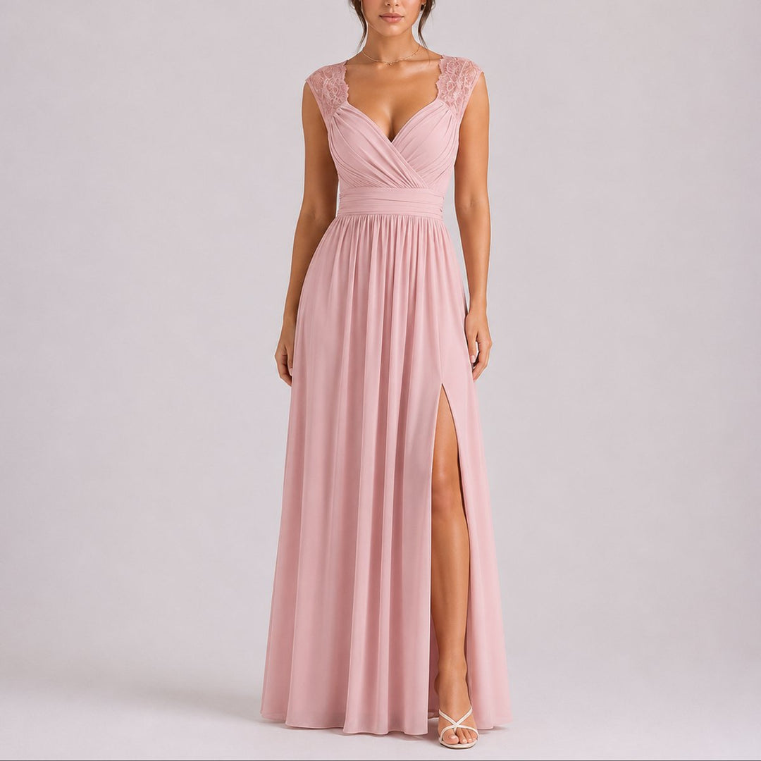 Kate - Women's Wrap V-Neck Dress with Lace Shoulders and Side Slit