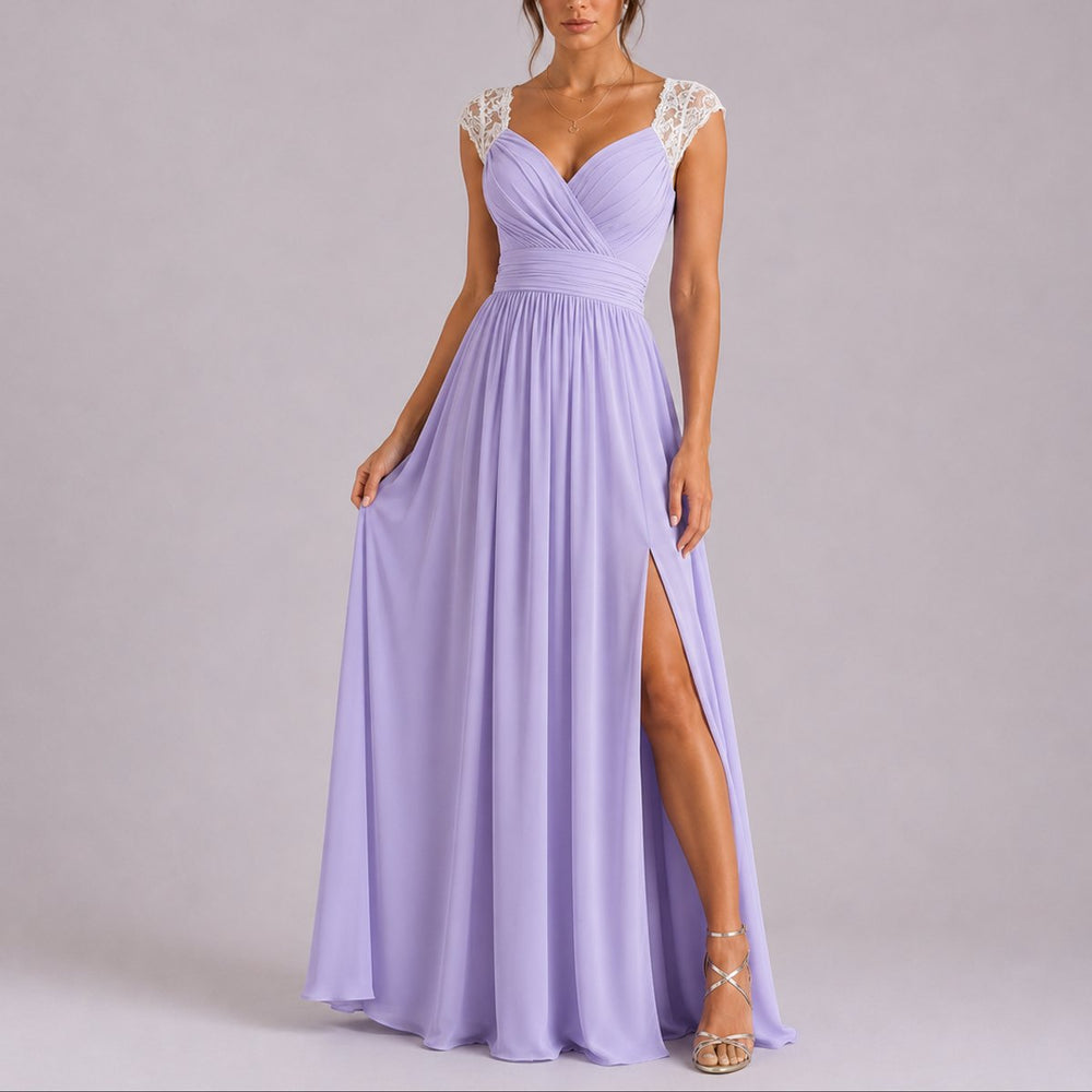 Kate - Women's Wrap V-Neck Dress with Lace Shoulders and Side Slit