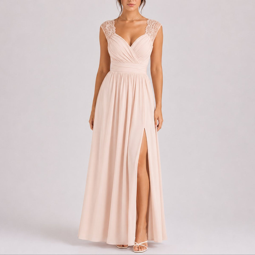 Kate - Women's Wrap V-Neck Dress with Lace Shoulders and Side Slit