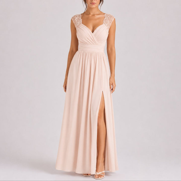 Kate - Women's Wrap V-Neck Dress with Lace Shoulders and Side Slit