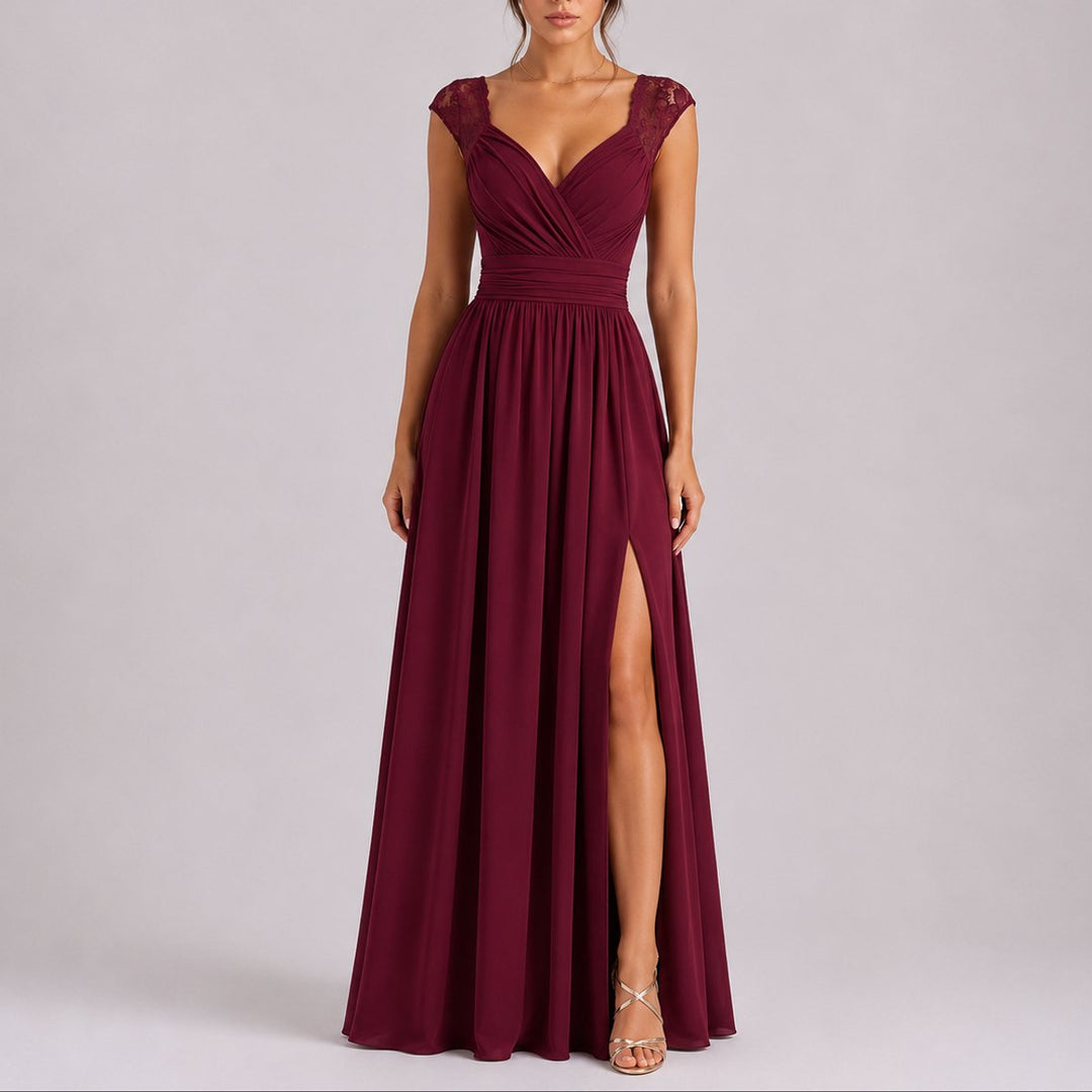 Kate - Women's Wrap V-Neck Dress with Lace Shoulders and Side Slit