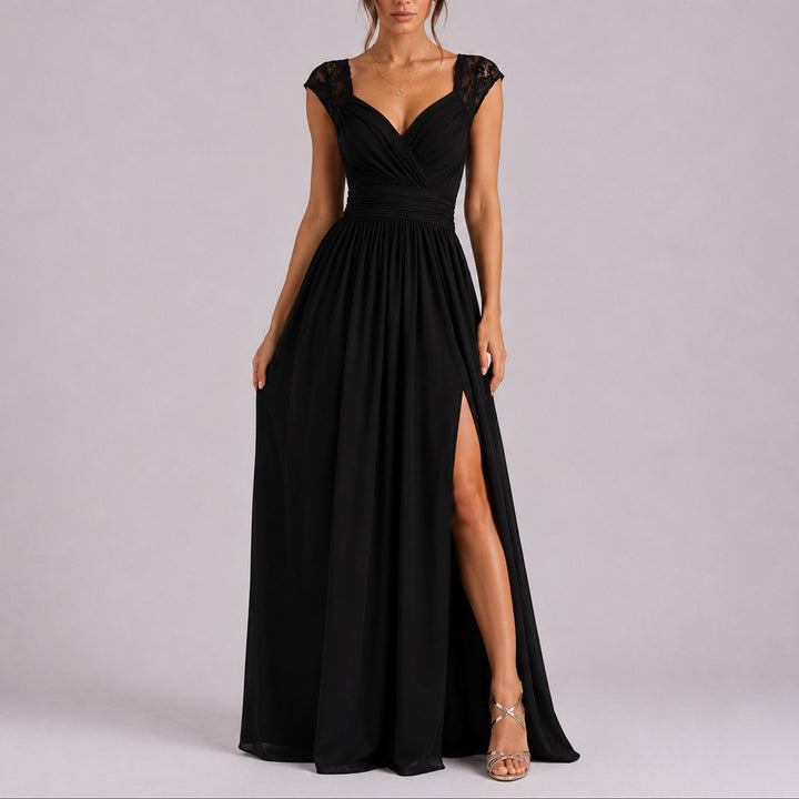 Kate - Women's Wrap V-Neck Dress with Lace Shoulders and Side Slit