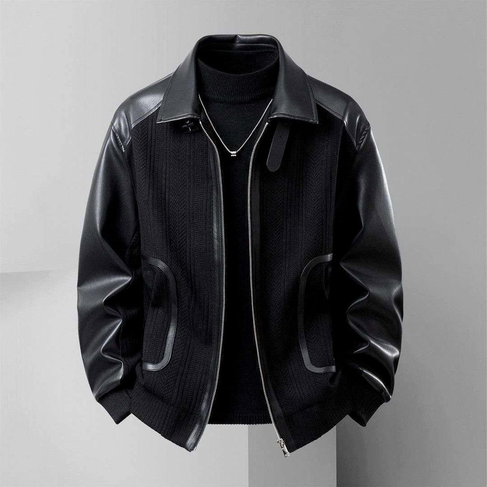 Kenji - Men’s Leather Sleeve Jacket with Ribbed Panels 3