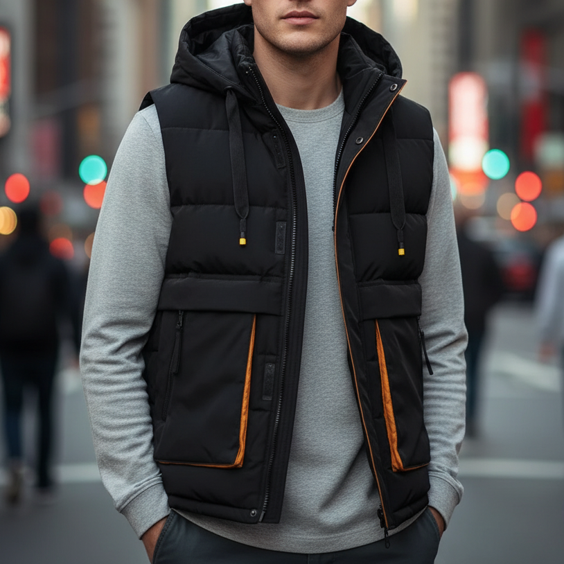 Kevin - Men's Hooded Puffer Vest with Cargo Pockets
