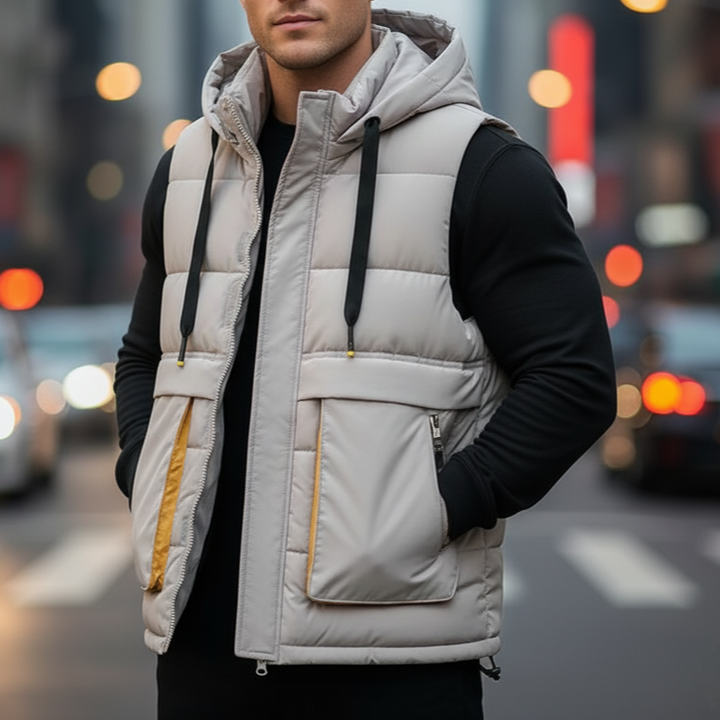 Kevin - Men's Hooded Puffer Vest with Cargo Pockets