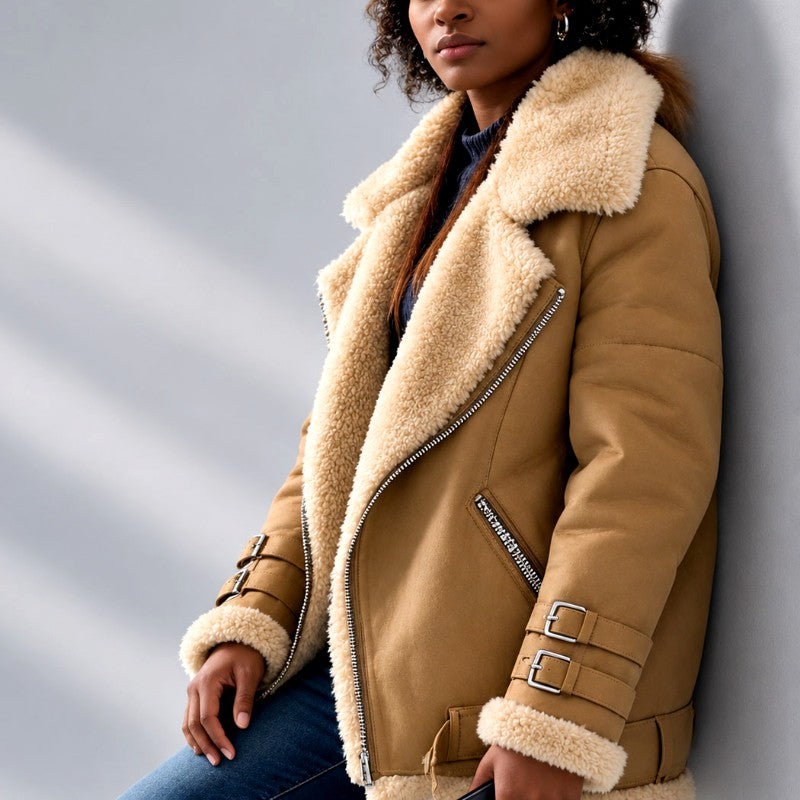 Kierra - Women’s Faux Suede Shearling Aviator Jacket 1