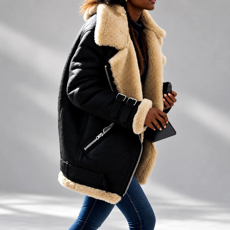 Kierra - Women’s Faux Suede Shearling Aviator Jacket 5