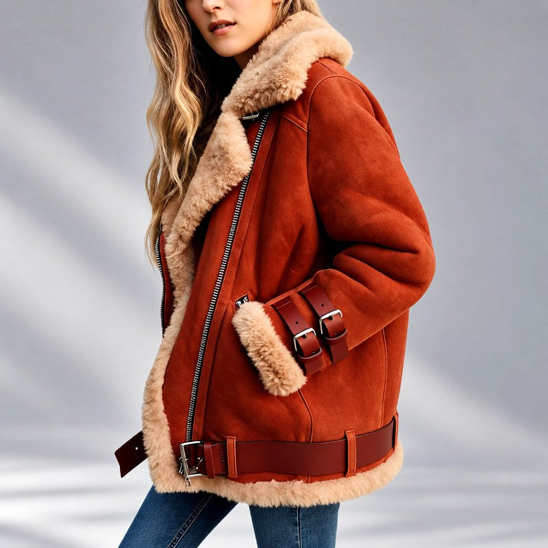Kierra - Women’s Faux Suede Shearling Aviator Jacket 6