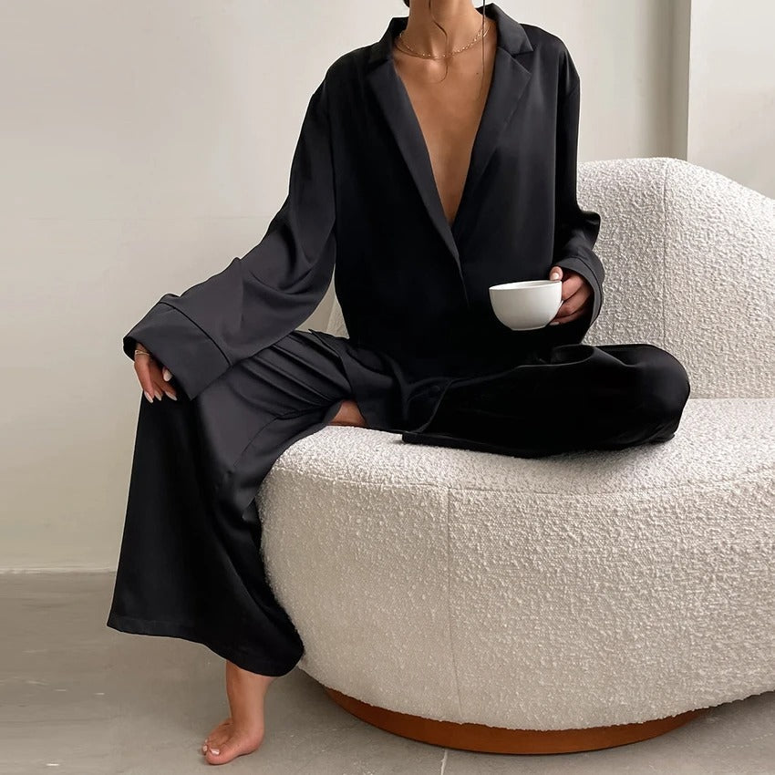 Kimberly - Women's Oversized Notch-Lapel Silk Pajama Set