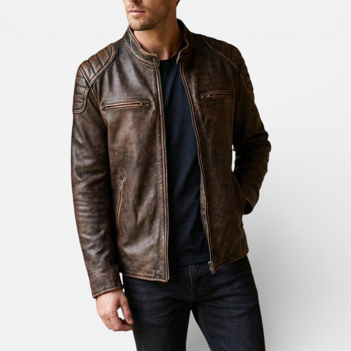 Liam - Men's Quilted-Shoulder Leather Moto Jacket with Front Zip