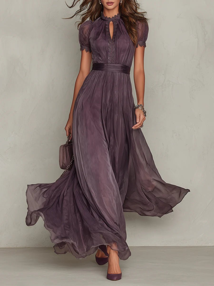 Lottie - Women's Keyhole Short-Sleeve Dress with Pleated Chiffon Skirt