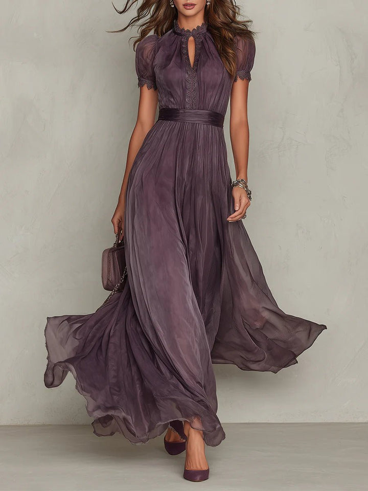 Lottie - Women's Keyhole Short-Sleeve Dress with Pleated Chiffon Skirt