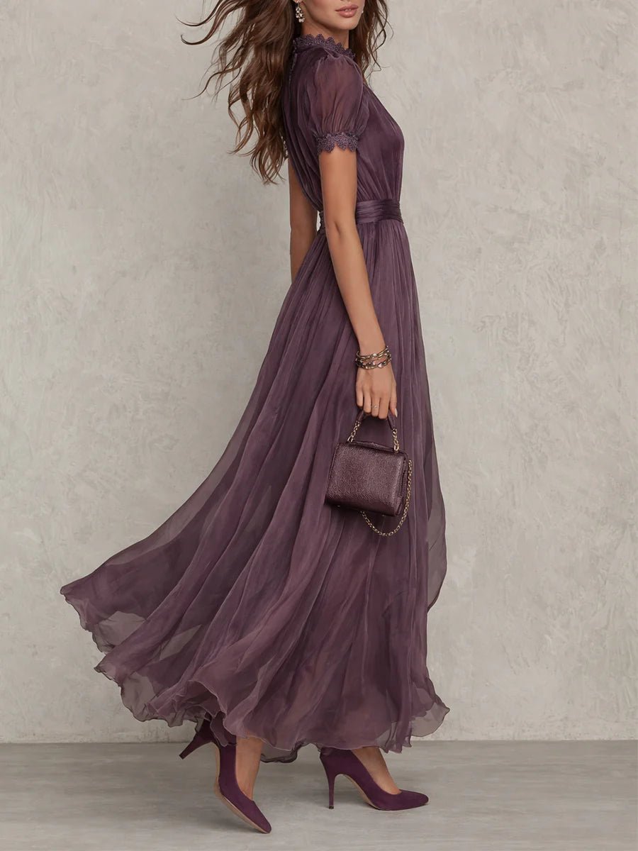 Lottie - Women's Keyhole Short-Sleeve Dress with Pleated Chiffon Skirt