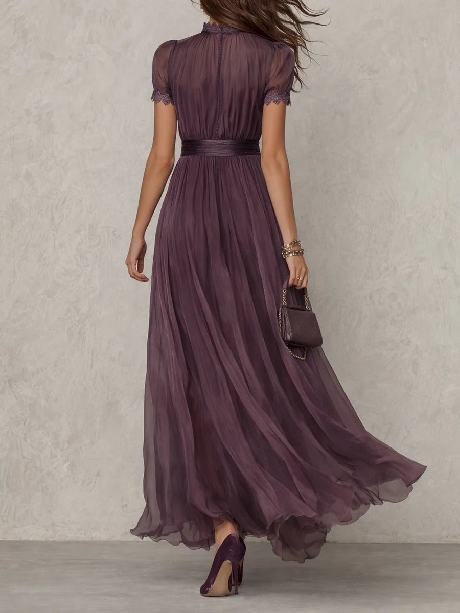 Lottie - Women's Keyhole Short-Sleeve Dress with Pleated Chiffon Skirt