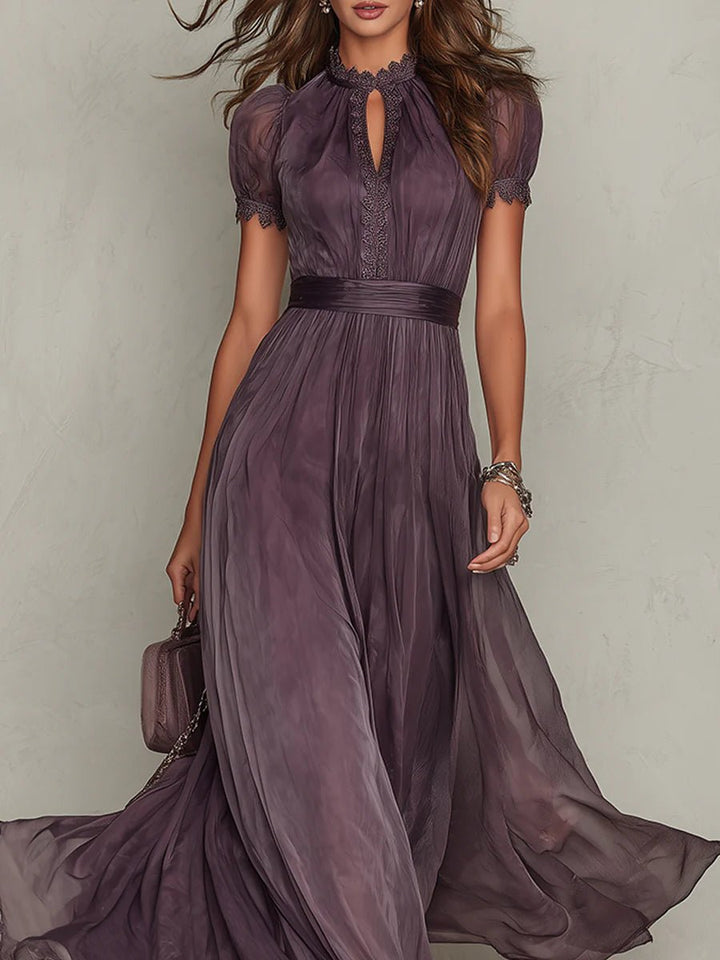 Lottie - Women's Keyhole Short-Sleeve Dress with Pleated Chiffon Skirt