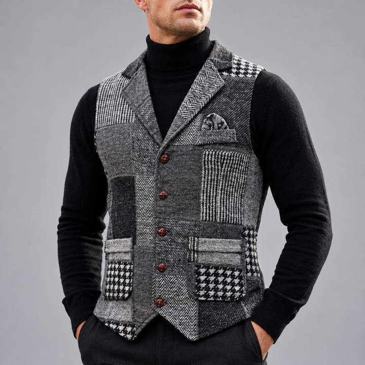 Marcel - Men's Patchwork Tweed Vest with Notch Lapels
