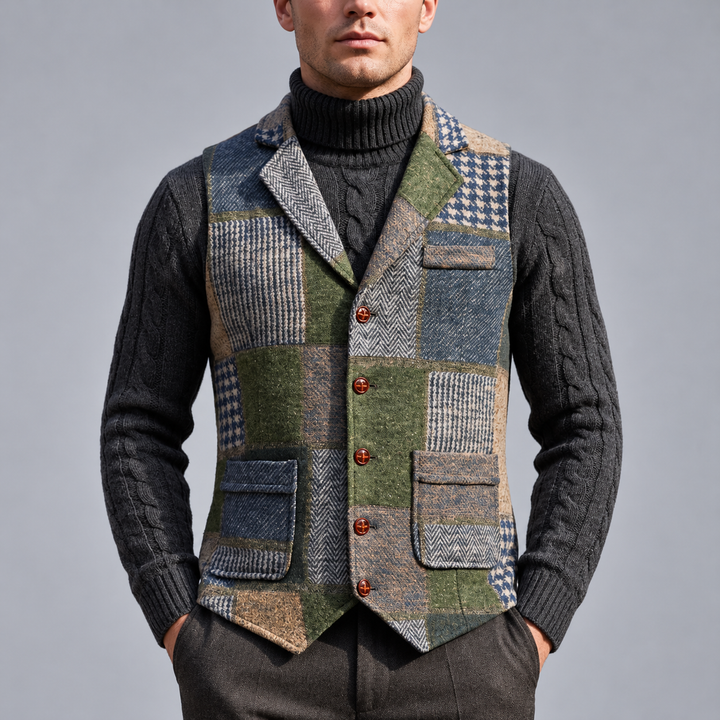 Marcel - Men's Patchwork Tweed Vest with Notch Lapels