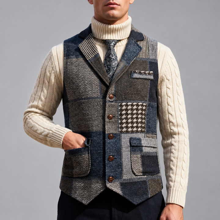 Marcel - Men's Patchwork Tweed Vest with Notch Lapels