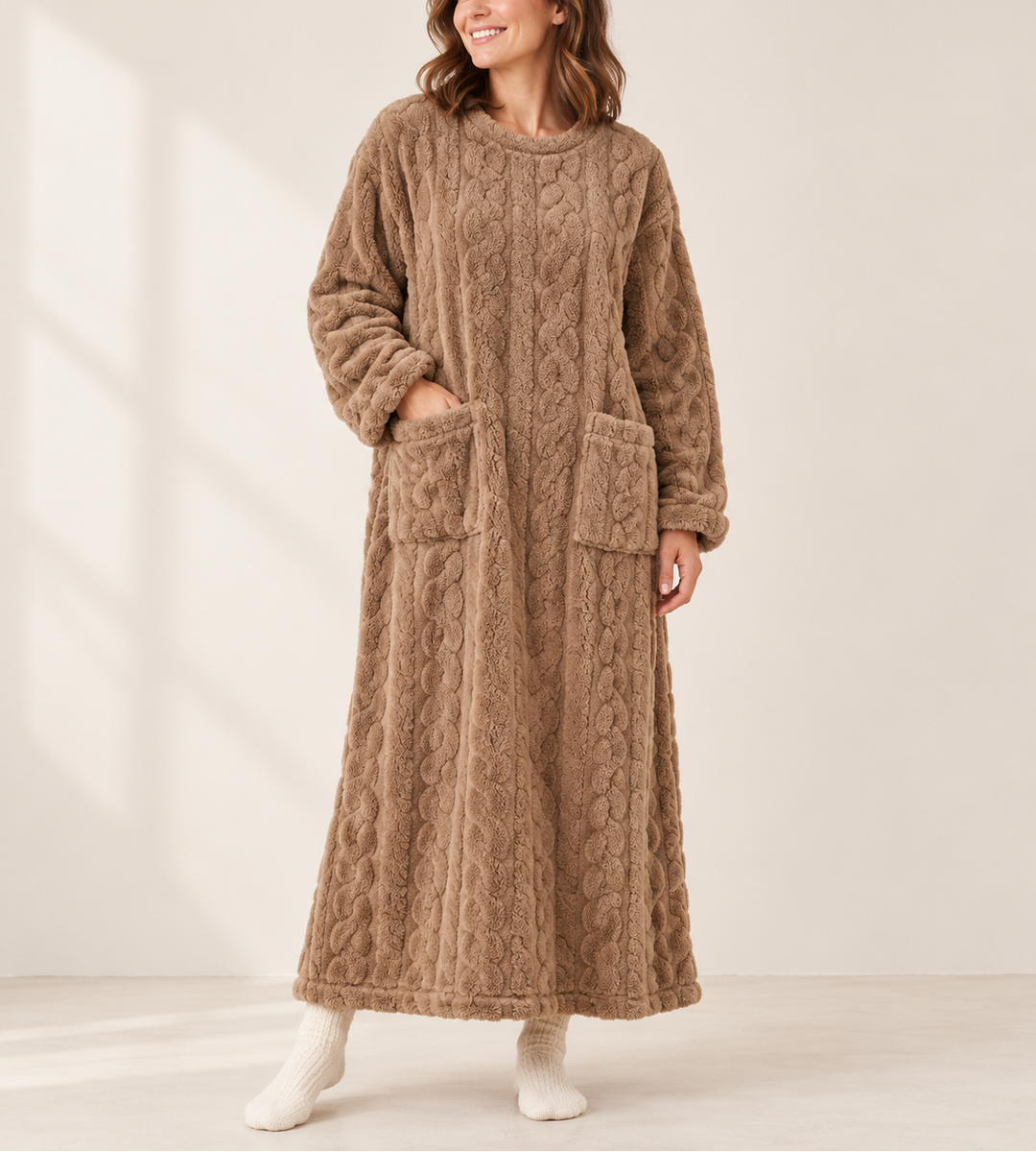 Marguerite - Women's Textured Fleece Wrap Robe with Long Sleeves