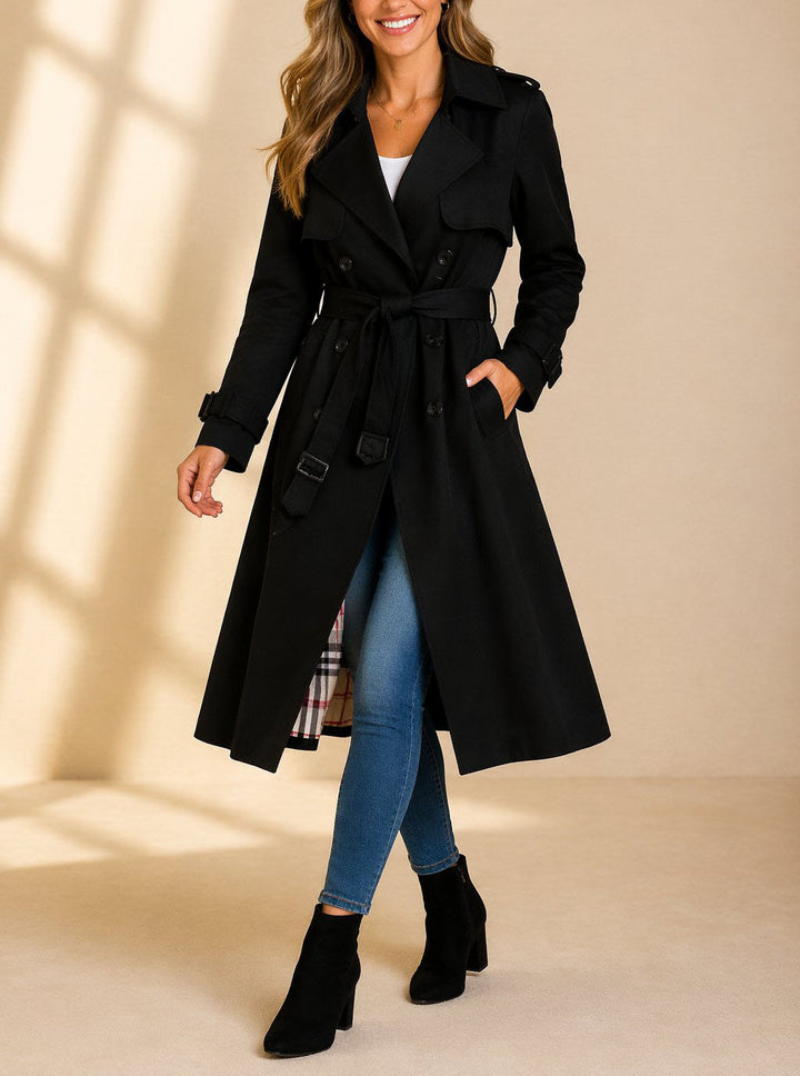 Marian - Women's Button-Front Belted Trench Coat with Plaid Lining