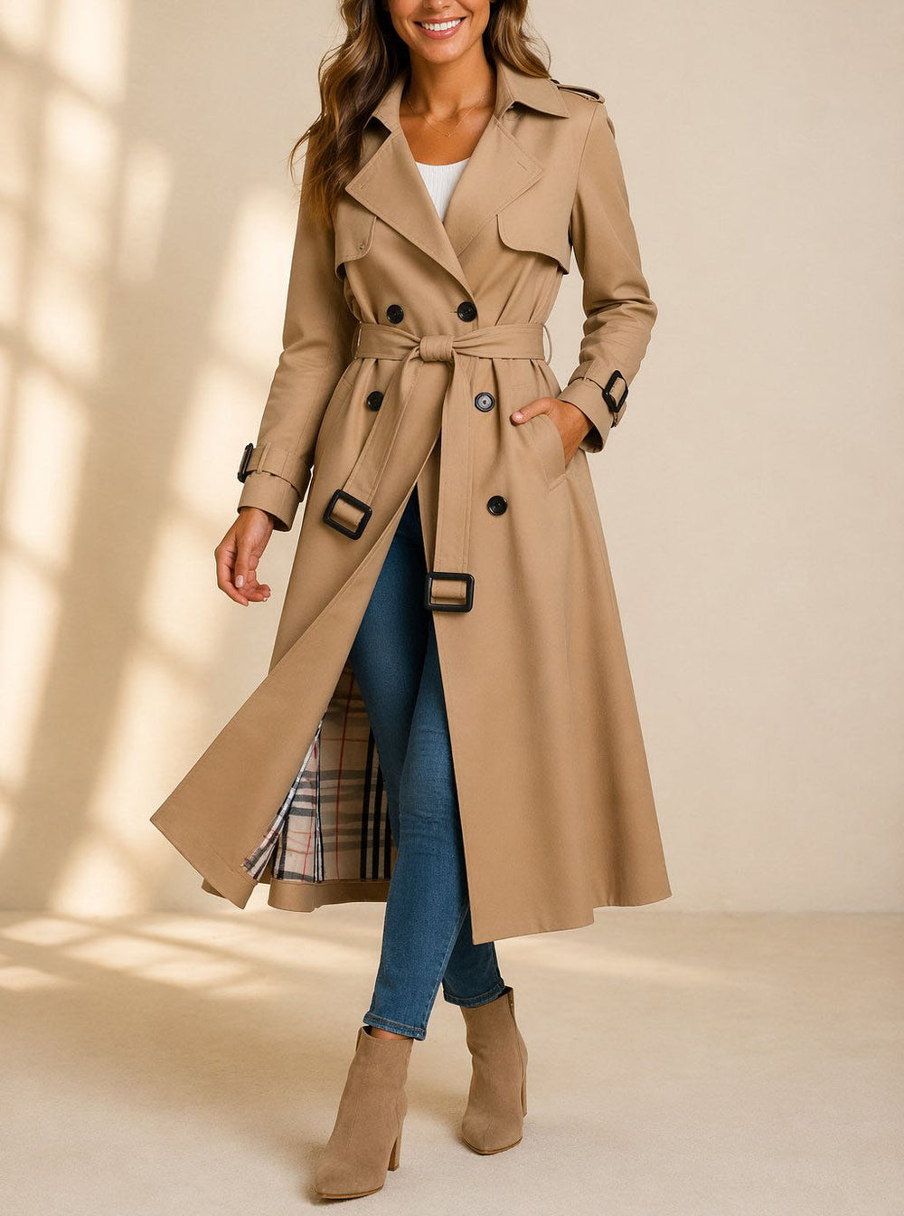 Marian - Women's Button-Front Belted Trench Coat with Plaid Lining