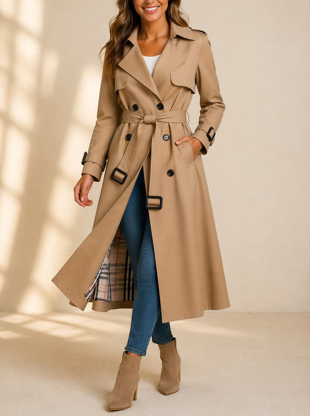 Marian - Women's Button-Front Belted Trench Coat with Plaid Lining