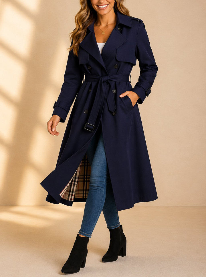 Marian - Women's Button-Front Belted Trench Coat with Plaid Lining
