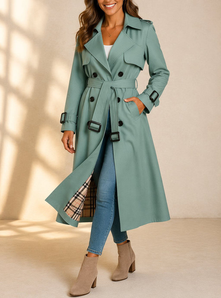 Marian - Women's Button-Front Belted Trench Coat with Plaid Lining