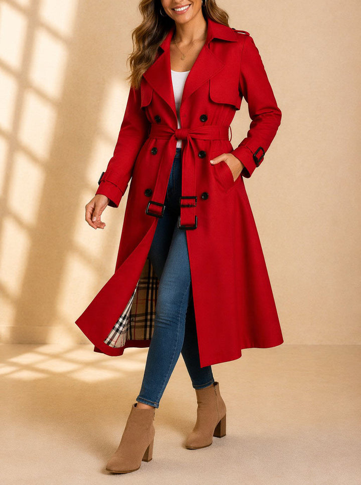 Marian - Women's Button-Front Belted Trench Coat with Plaid Lining