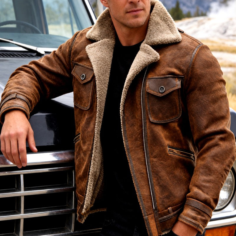 Miguel - Men's Suede Shearling Jacket with Zip Front 3