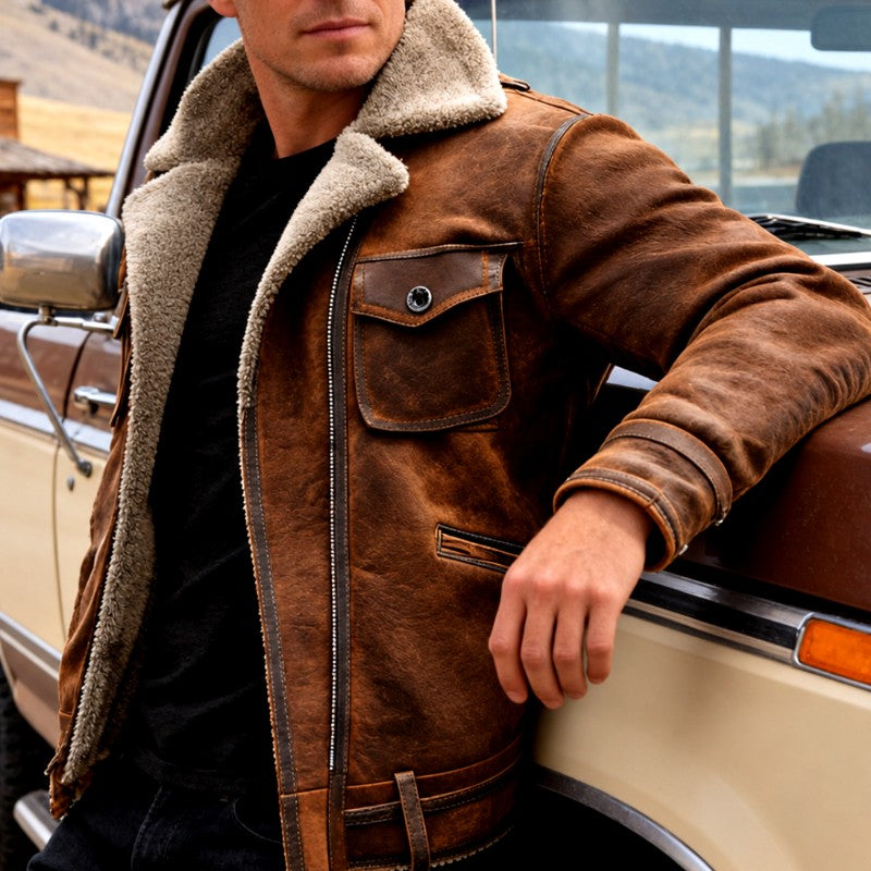 Miguel - Men's Suede Shearling Jacket with Zip Front 4