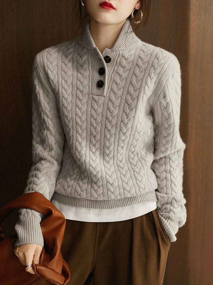 Myra - Women's Cable-Knit Pullover with Mock Neck Button Placket