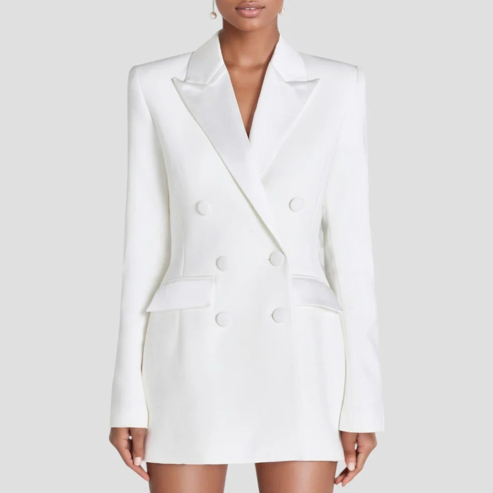 Natalia - Women's Double-Breasted Blazer Dress with Satin Lapels