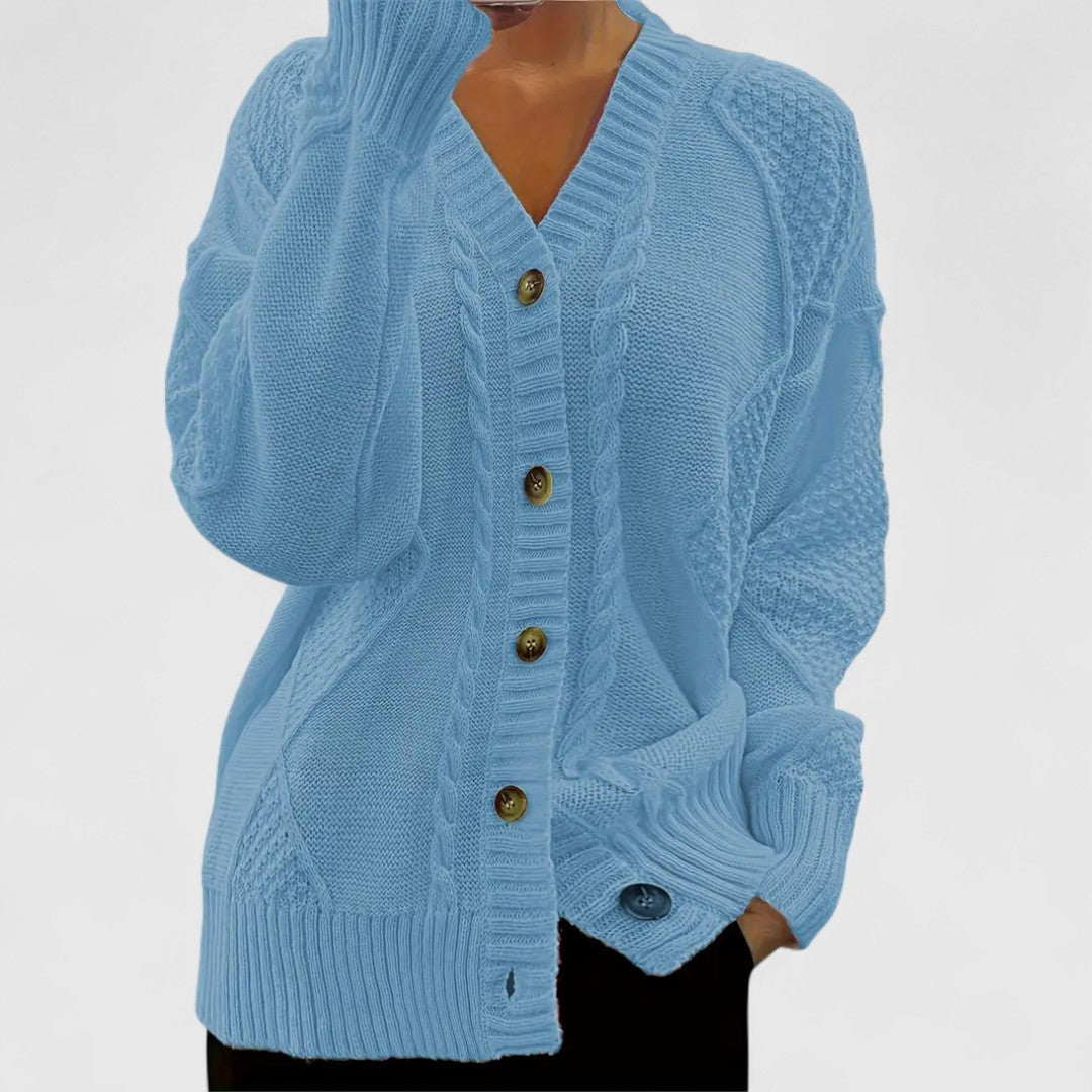 Natalie - Women's Cable-Knit V-Neck Button Cardigan
