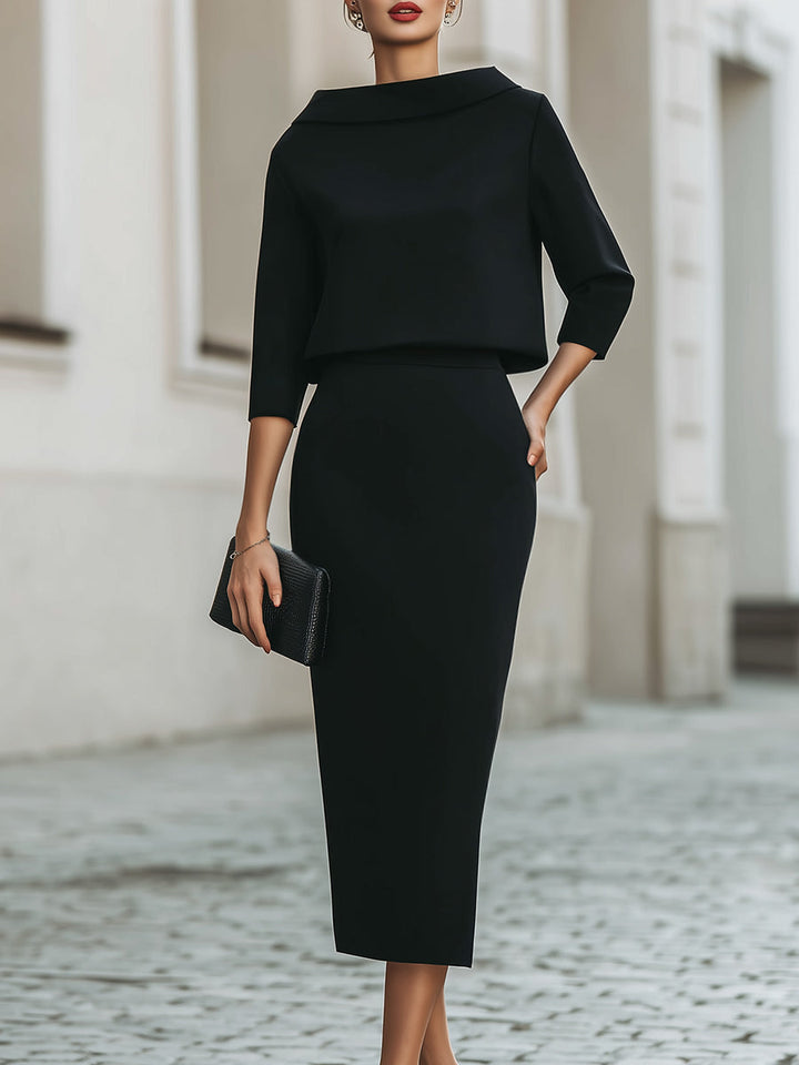 Natasha - Women's Boat-Neck Cropped Top with Midi Pencil Skirt