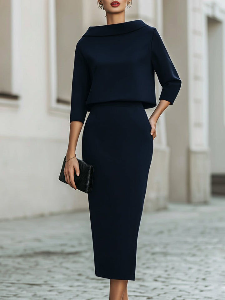 Natasha - Women's Boat-Neck Cropped Top with Midi Pencil Skirt