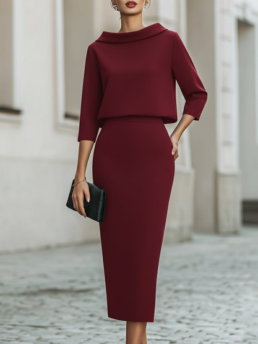 Natasha - Women's Boat-Neck Cropped Top with Midi Pencil Skirt