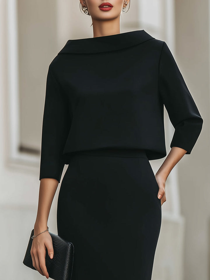 Natasha - Women's Boat-Neck Cropped Top with Midi Pencil Skirt