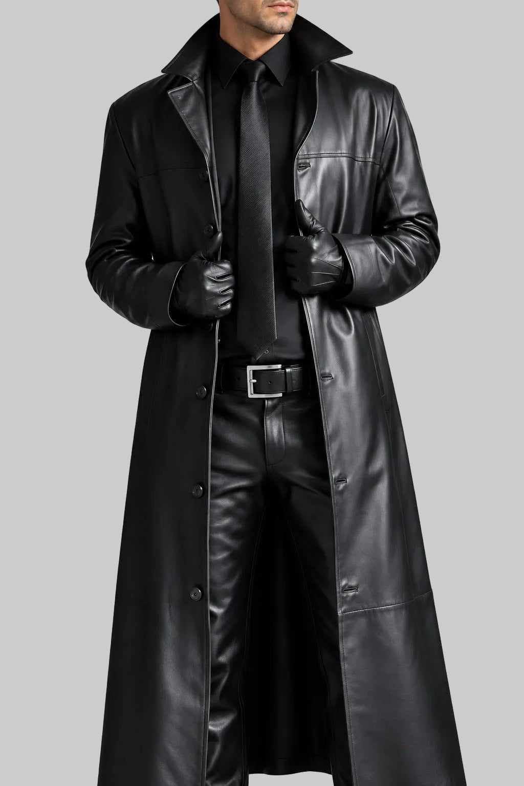 Reid - Men's Long Leather Coat with Stand Collar