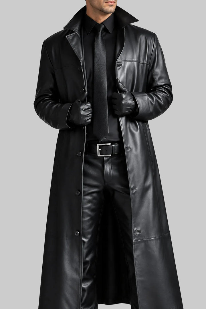 Reid - Men's Long Leather Coat with Stand Collar
